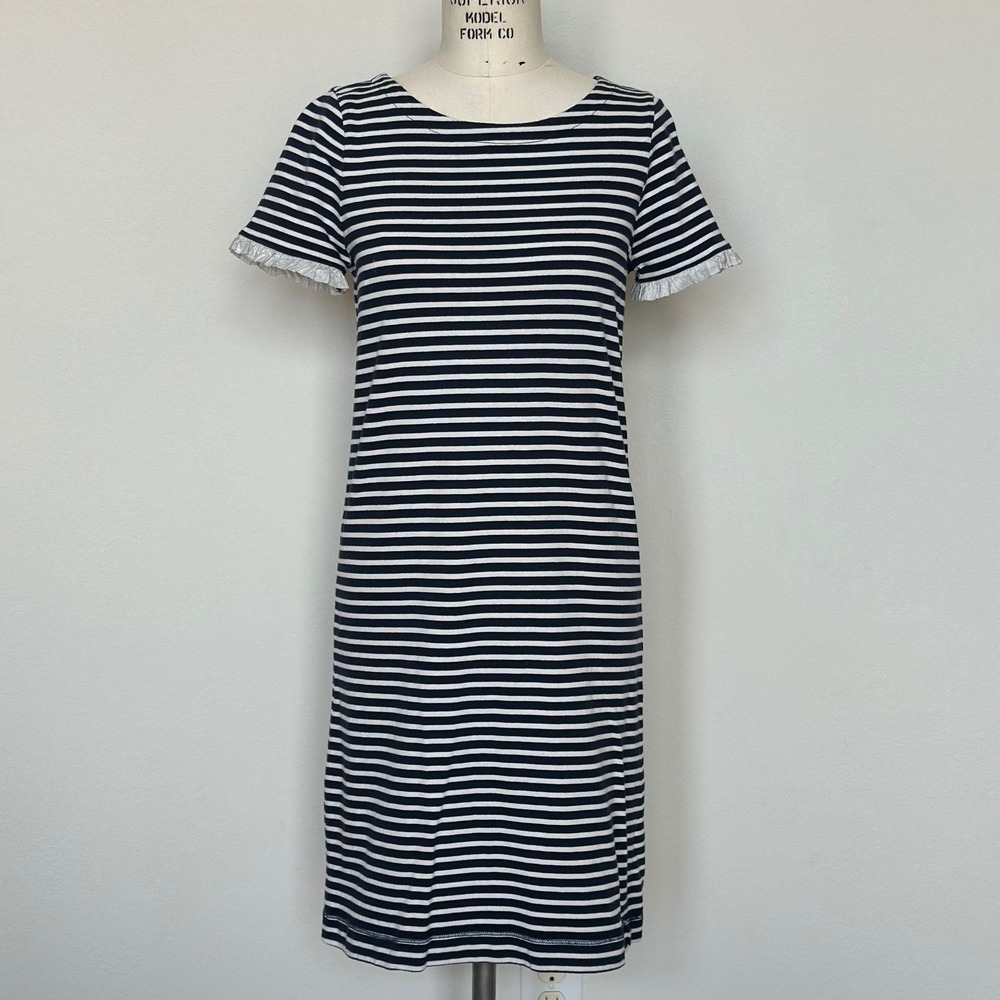 J Crew Striped T-Shirt Shift Dress Navy White Ruffle Short Sleeve Nautical‎ Sz S